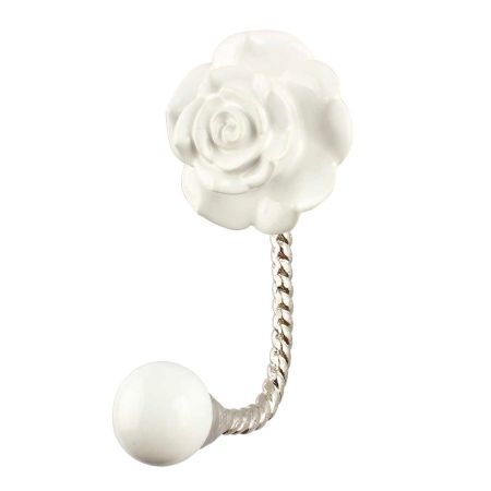 White Rose Flower Ceramic Wall Hook in Silver Fitting